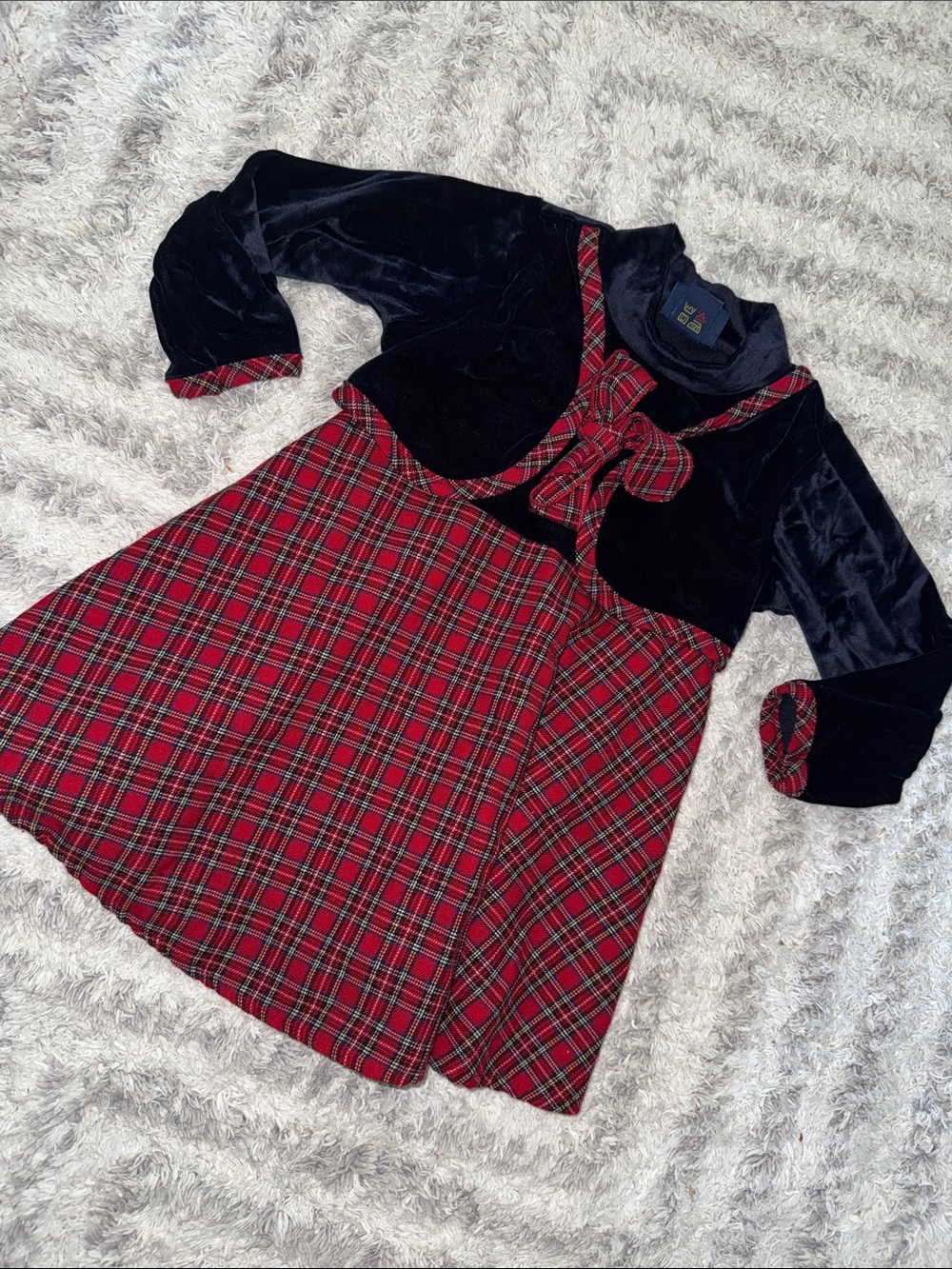 2/3T vintage 80s Girls Red/Navy Plaid Velvet Bow Dress